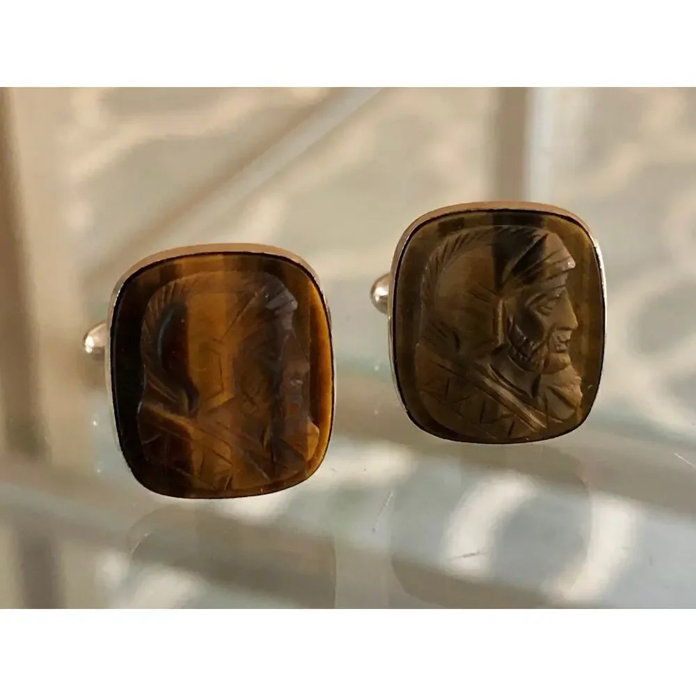 Vintage Lamode 10K Gold Filled, Carved Tigereye Brown Stone Warrior Cufflinks